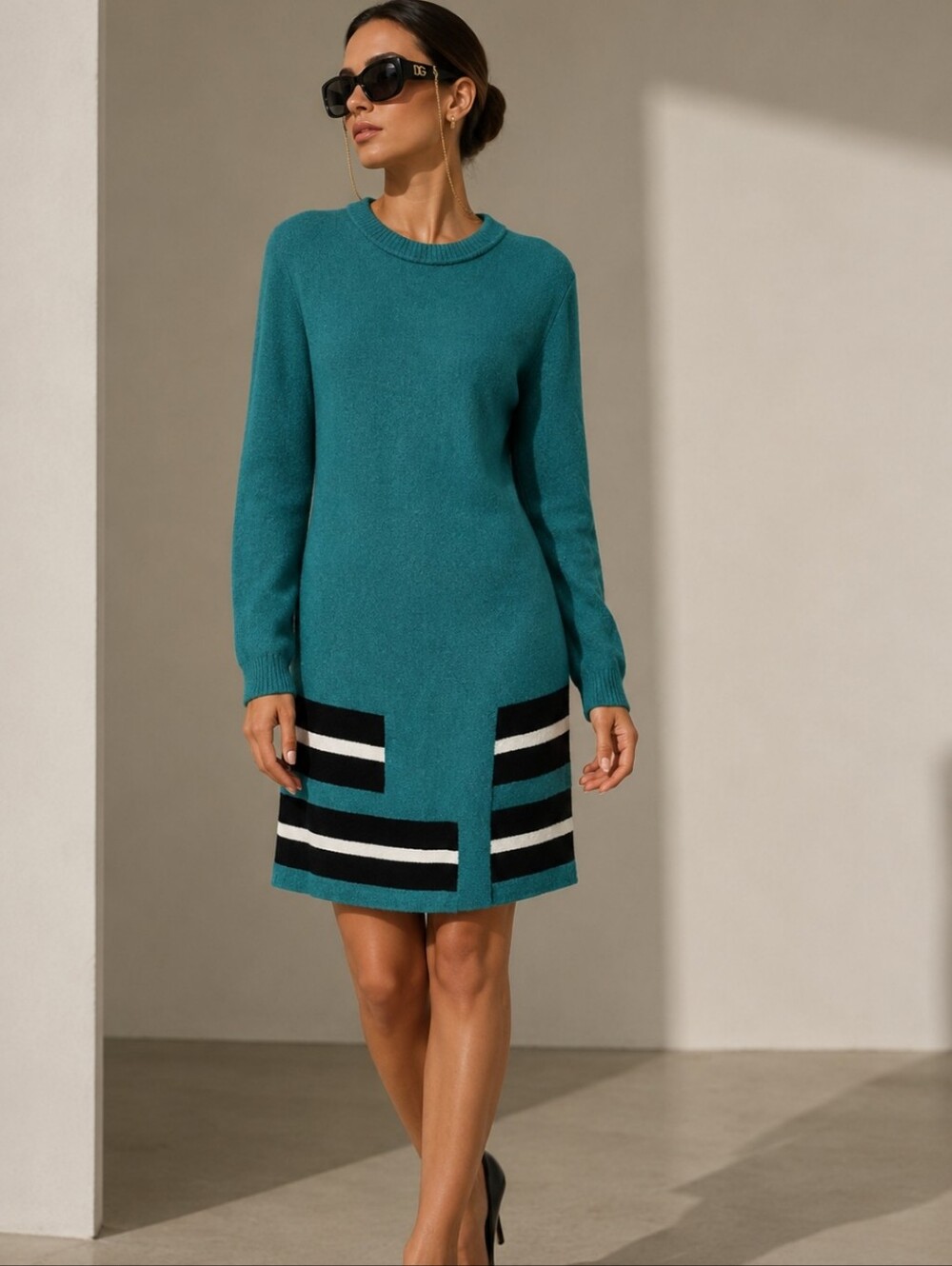 Fendi Teal, Black, and White Crew Neck Sweater Dress